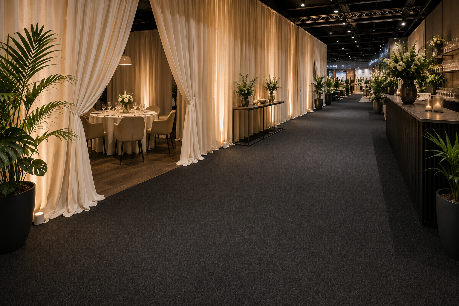 Brandvertragend projecttapijt en beurstapijt toegepast in een luxe evenementenlocatie met decoratiestoffen en professionele vloerbekleding.
